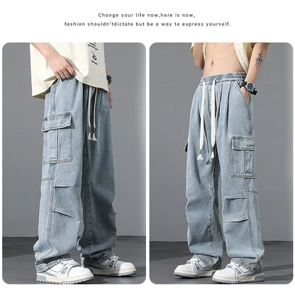 Large Pocket Baggy Solid Jeans Men's 2026 New Spring Classic Straight Denim Trousers Street Y2K Elastic Waist Casual Cargo Pants