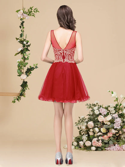 Vestidos Curtos Roxo de Baile com Apliques Dourados, Decote Ilusão A-Line, Mini Vestidos de Festa da Moda para Mulheres, Robe De Soirée
