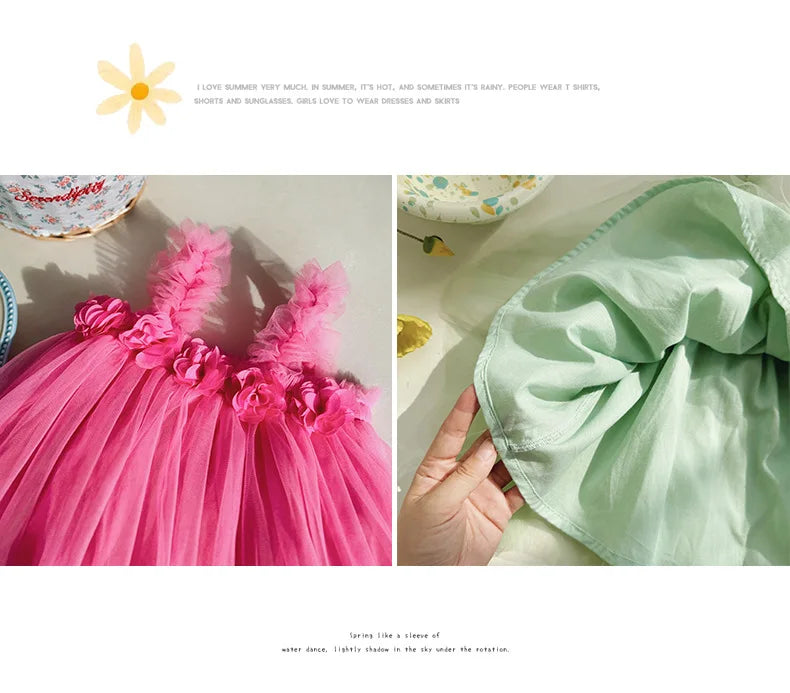 1-6 Y Girls Dresses  3D Flower A Line Dress for Girls Sleeveless Camisole Mesh Dress