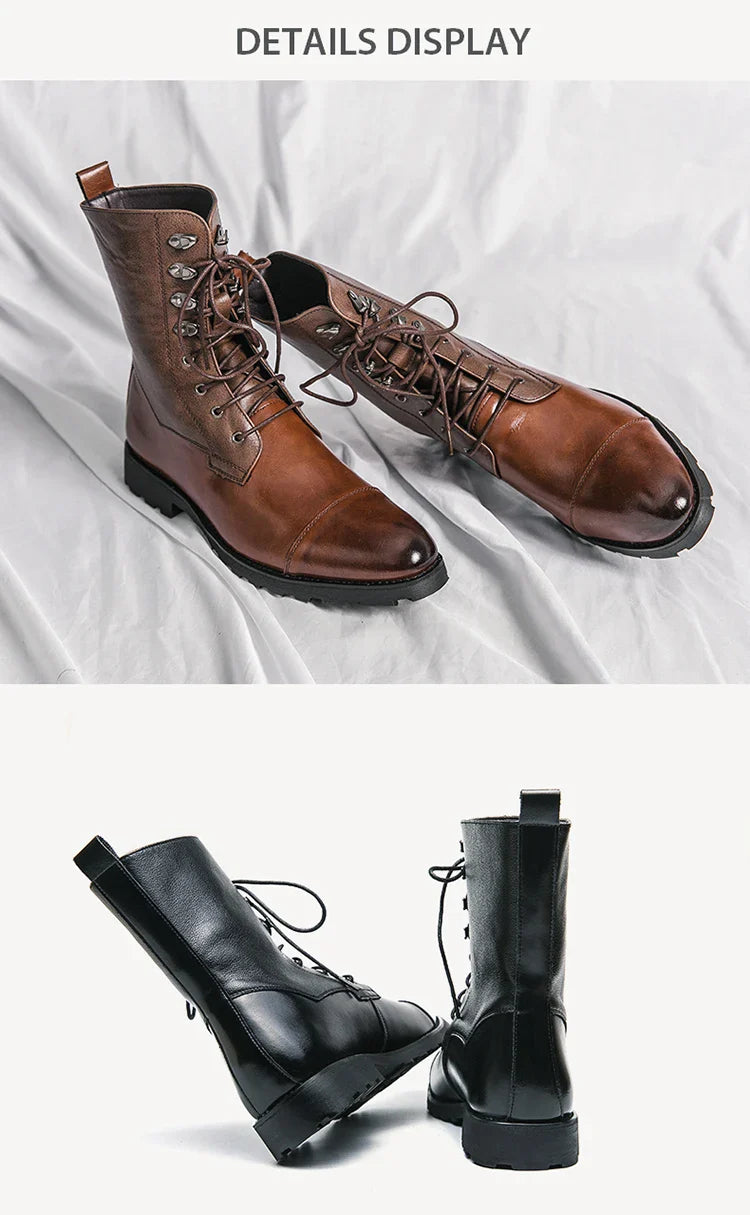 Men Lace Up High-top Boots Fashionable Outdoor Black Combat Boots
