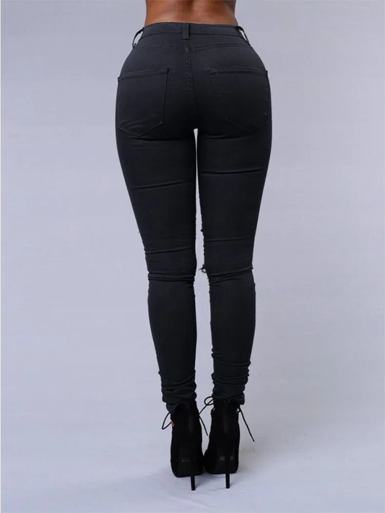Fashionable Women's Versatile Solid Color Jeans European and American Holed Jeans Minimalist Slim Fit Pencil Pants