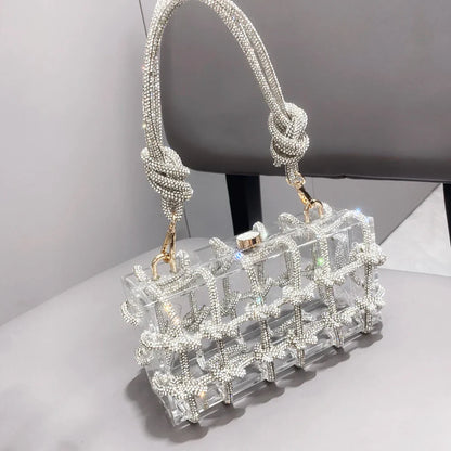 Bolsa de Noite com Alça e Strass Prateada de Cristal Feita à Mão para Mulheres, Bolsas e Bolsas de Mão de Designer de Luxo para Banquete
