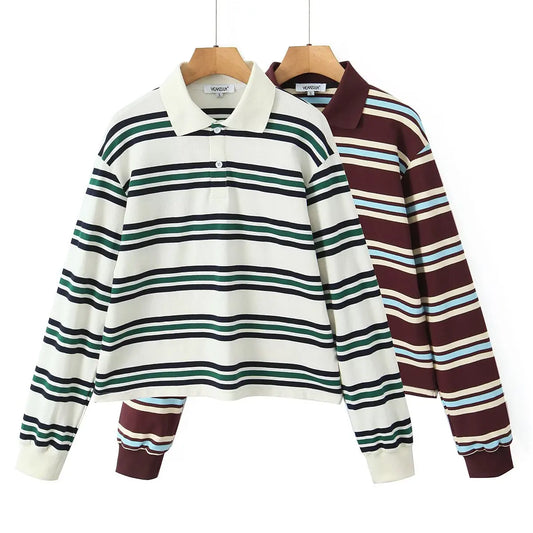 2025 Summer Ladies Polo Shirts Woman Long Sleeve Crop Top Striped Vintage Clothes Polo Shirts Mujer Streetwear Casual Tops Brown