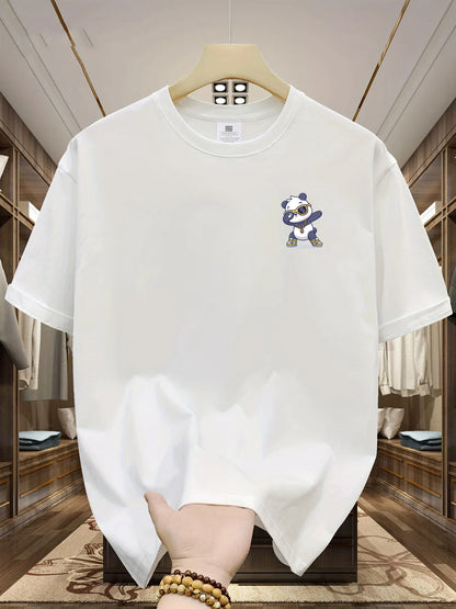Men's Summer 100% Cotton Cartoon Bear Graphic Printed Fashion Sports and Leisure Loose Round Neck Short Sleeve T-shirt Top