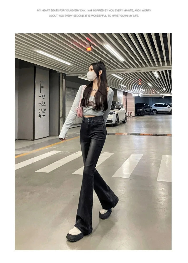 Autumn Winter American Sle High Waist Slim Fit Drapey Micro Flared Jeans Women's Premium Denim Pants