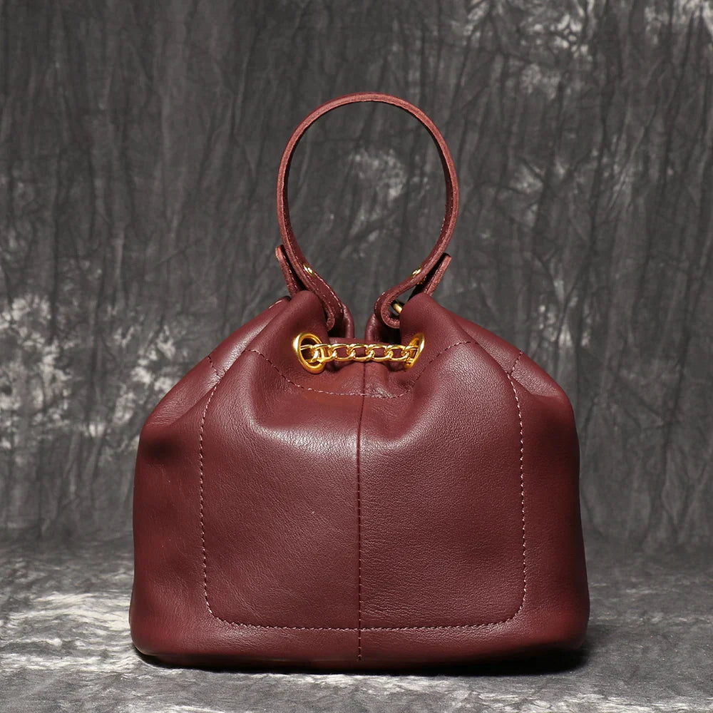 Metal Drawstring Versatile Women's Handbag Genuine Leather Chain Crossbody Bag Vintage Bucket Bag Mobile Phone Bag
