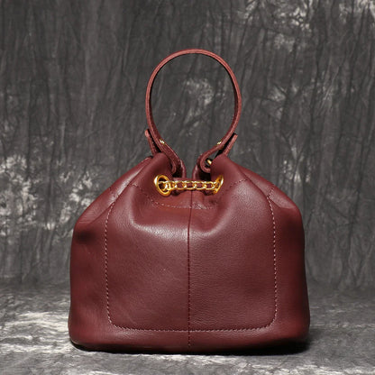 Metal Drawstring Versatile Women's Handbag Genuine Leather Chain Crossbody Bag Vintage Bucket Bag Mobile Phone Bag