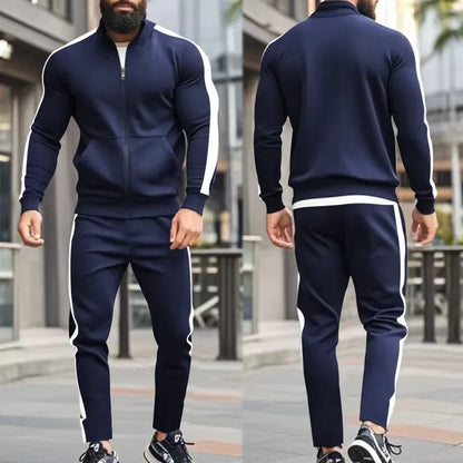 2025 Spring Autumn Men's 2-Piece Set Color Blocking Zipper Stand Collar Casual Sports Jacket Sweatshirt Trousers Suit