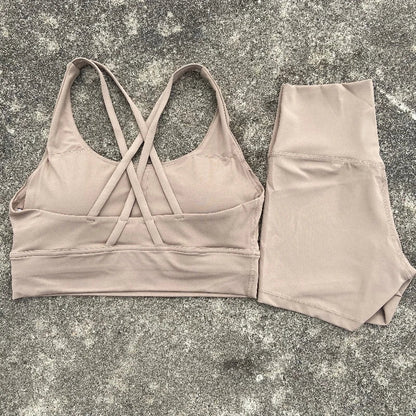 Yoga Shorts Set Gym Sports Set Women Workout Clothes 2 Piece Fitness Suit Cross Straps Bra High Waist Shorts Running Tracksuit