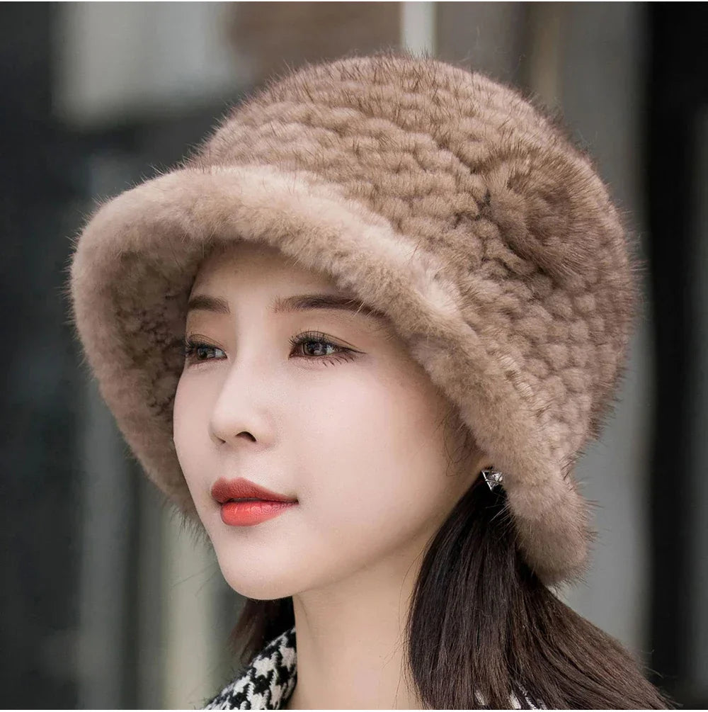 Woman Hat Winter Solid Mink Caps With Flower Natural Mink Fur Hats New Russian Girl Soft Knitting Real Fur Bucket Hats 2026 Warm