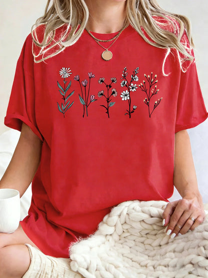 All Kinds Of Beautiful Flowers Printed T-Shirt Women Cotton Loose T Shirts All-Match Summer Clothing Comfortable Y2K Streetwear