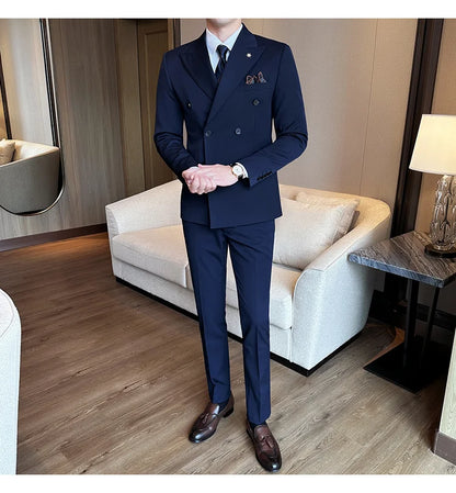 (Jackets+Pants) Luxury Double Breasted Design Slim Fit Suit High Quality Fashion Men's Wedding Social Suit Tuxedo 2 Piece Set