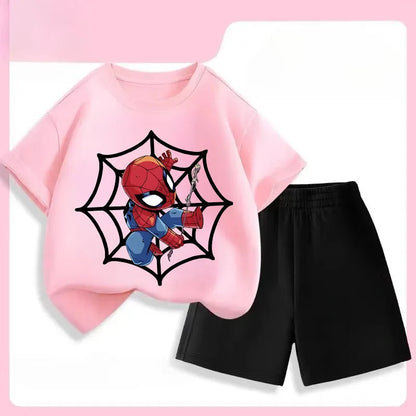 2026 Marvel Boys Casual Outfits Children Breathable T Shirt Shorts Two Piece Set Summer Kids Cartoon Print Sport Clothing Suit
