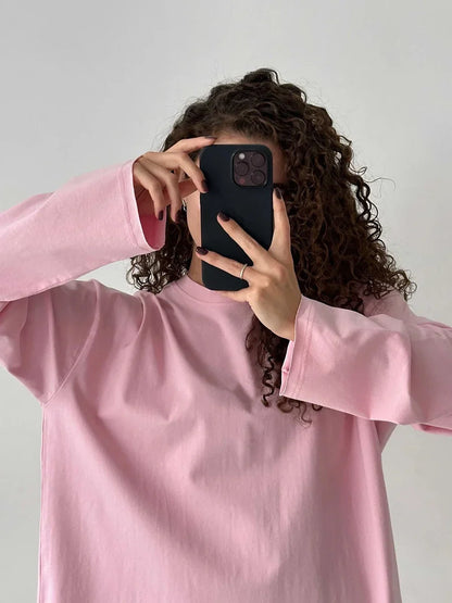 Women Summer 100% Cotton T-shirt Bottoming Spring Basic Fashionable Solid Lady Long Sleeve Loose Tops Shirts
