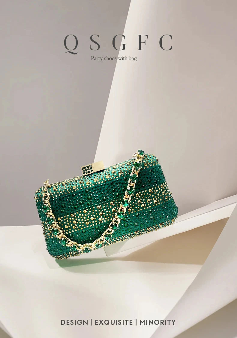 Nigerian Women Heel Ladies Italian Luxury Design Green Shoes And Bag Set Decorated with Rhinestone Handbag Wedding Party