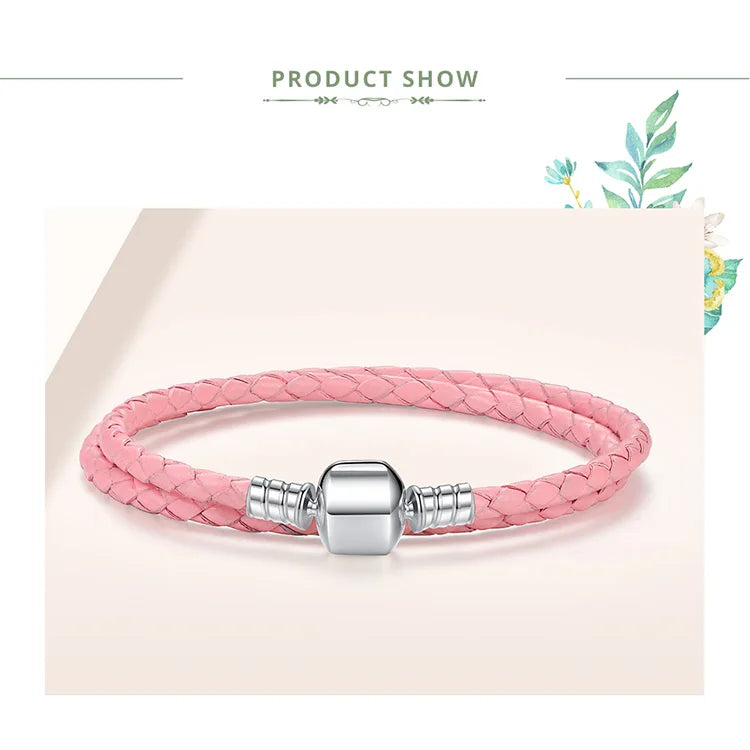 Genuine Long Double Pink Black Braided Leather Chain Women Bracelets with 925 Sterling Silver Snake Clasp PAS908