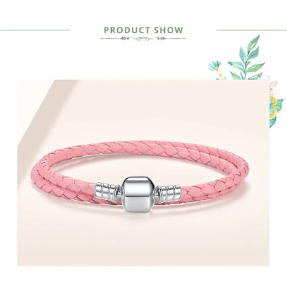 Genuine Long Double Pink Black Braided Leather Chain Women Bracelets with 925 Sterling Silver Snake Clasp PAS908