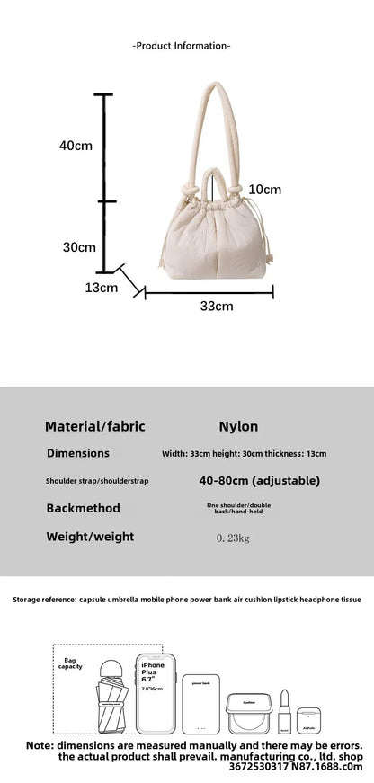 Women's Casual Single-shoulder Bag Large Capacity Nylon Backpack Women's Down Cotton Winter Tote Bag Portable Makeup Handbag