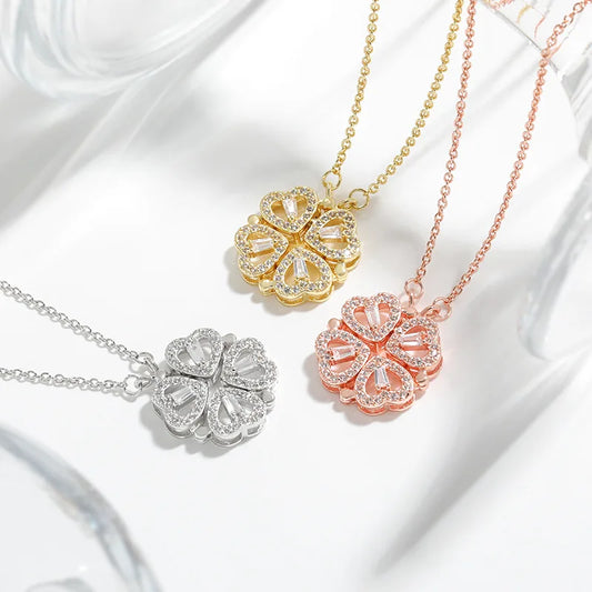 Transform Luxury Four Leaf Clover Pendant Necklace  Stainless Steel Crystal Gold Color Heart Jewelry for Women Gift