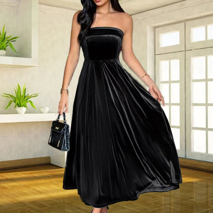 Women's Elegant Party Dresses Strapless Backless Velvet Long Dress Fashion Retro Dress Female Evening Dresses Vestidos Largos