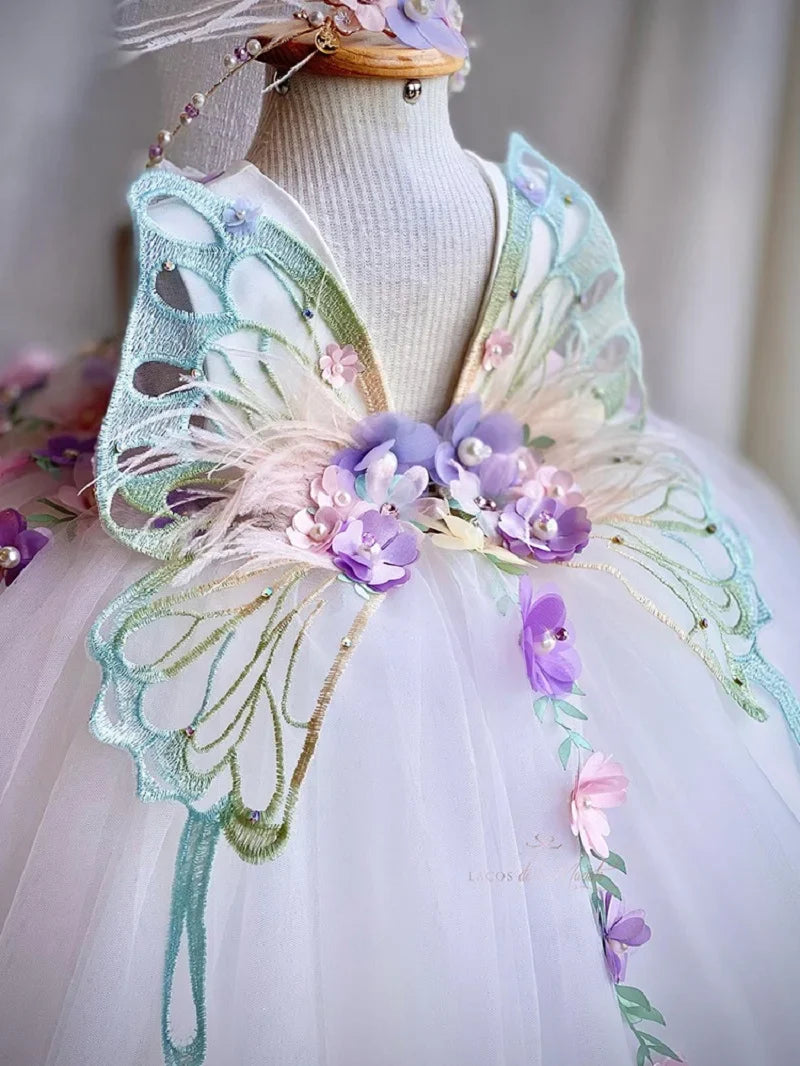 Vestido de princesa infantil borboleta com asas de malha fofa para meninas de 2 a 6 anos, vestido elegante para festa de aniversário com flores