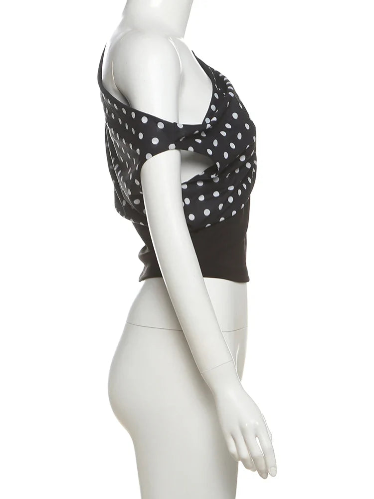 Polka Dots Print T-Shirts Women Summer Trend Skew Collar Off Shoulder Backless Street Fashion Trend Ruched Crop Tops