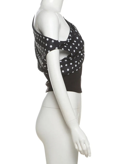 Polka Dots Print T-Shirts Women Summer Trend Skew Collar Off Shoulder Backless Street Fashion Trend Ruched Crop Tops