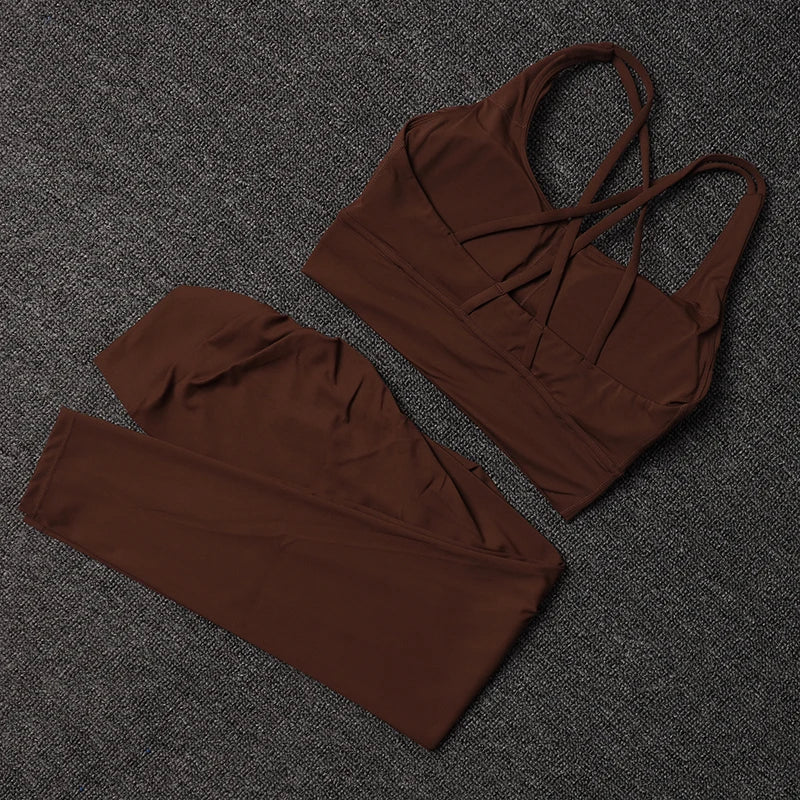TRY TO BN Women's Tracksuit Sports Bra Fitness Yoga Set V Back Leggings High Waist Sportswear Workout Sets Cycling Gym Clothing