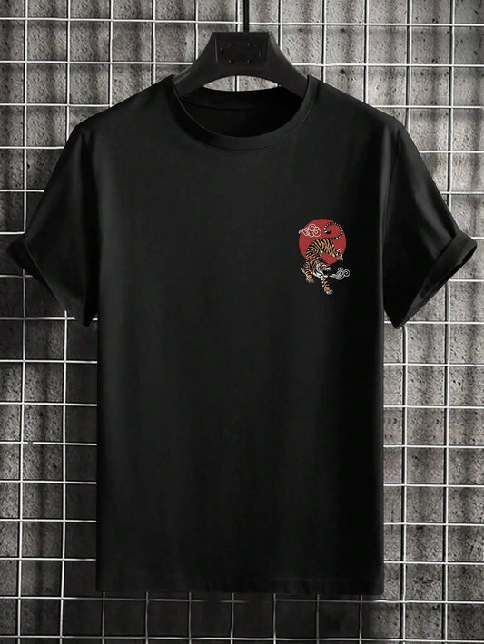 Tiger Letter Print Casual Commute 
 Mans Tshirt Fitting Breathable Tee Shirt Leisure Comfort Tee Clothing Round Neck Tops