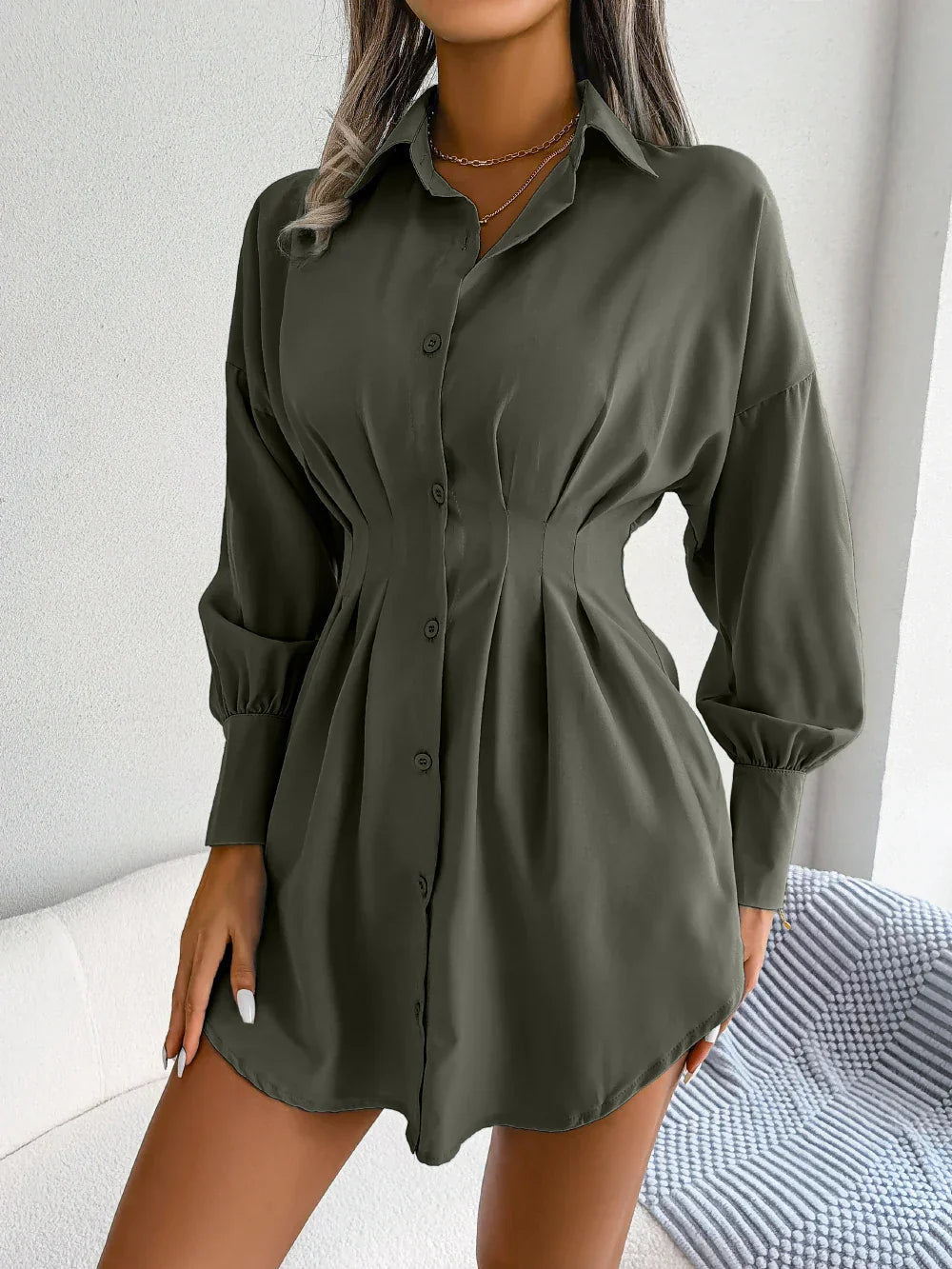 Women Casual Buttons Long Sleeve Shirt Dress Autumn 2026 Solid Color Lapel Mini Dress White Blue Army Green Woman Clothing