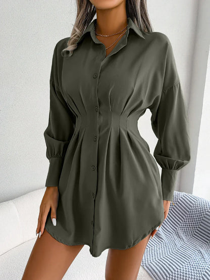 Women Casual Buttons Long Sleeve Shirt Dress Autumn 2026 Solid Color Lapel Mini Dress White Blue Army Green Woman Clothing