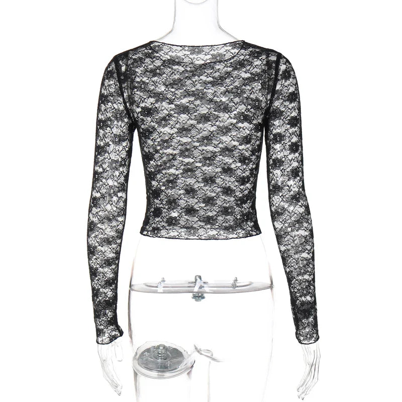 Long Sleeves See Through Lace Crop Top Solid Sexy Bodycon T-Shirt For Women Party Club Spring Summer Clothes