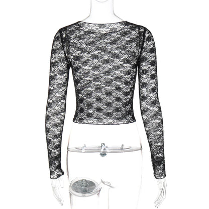 Long Sleeves See Through Lace Crop Top Solid Sexy Bodycon T-Shirt For Women Party Club Spring Summer Clothes