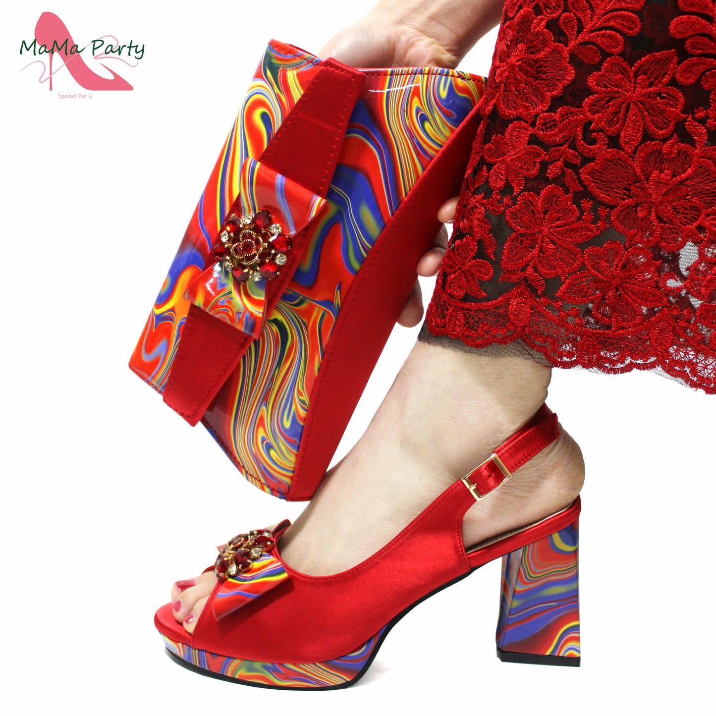 Red Color Italian Design Shoes Matching Bag Set Super High Heels Pumps for Garden Party