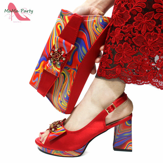 Red Color Italian Design Shoes Matching Bag Set Super High Heels Pumps for Garden Party