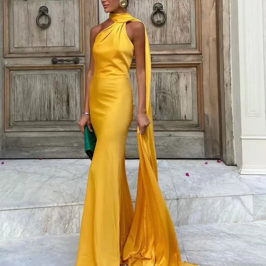Elegant Women's Soft Silk Satin Long Dress Halter Backless Sleeveless Maxi Dresses Summer Lady Long Ribbon Party Gowns