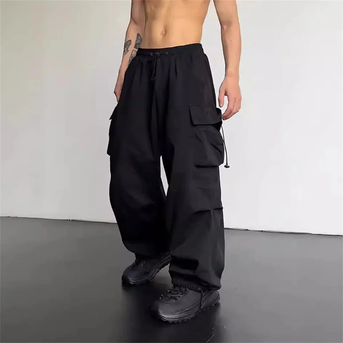 Black Men's Hip Hop Cargo Pants Casual Summer Solid Multiple Pockets Trousers Cool Ribbons Techwear Hip Hop Sweatpants Boys
