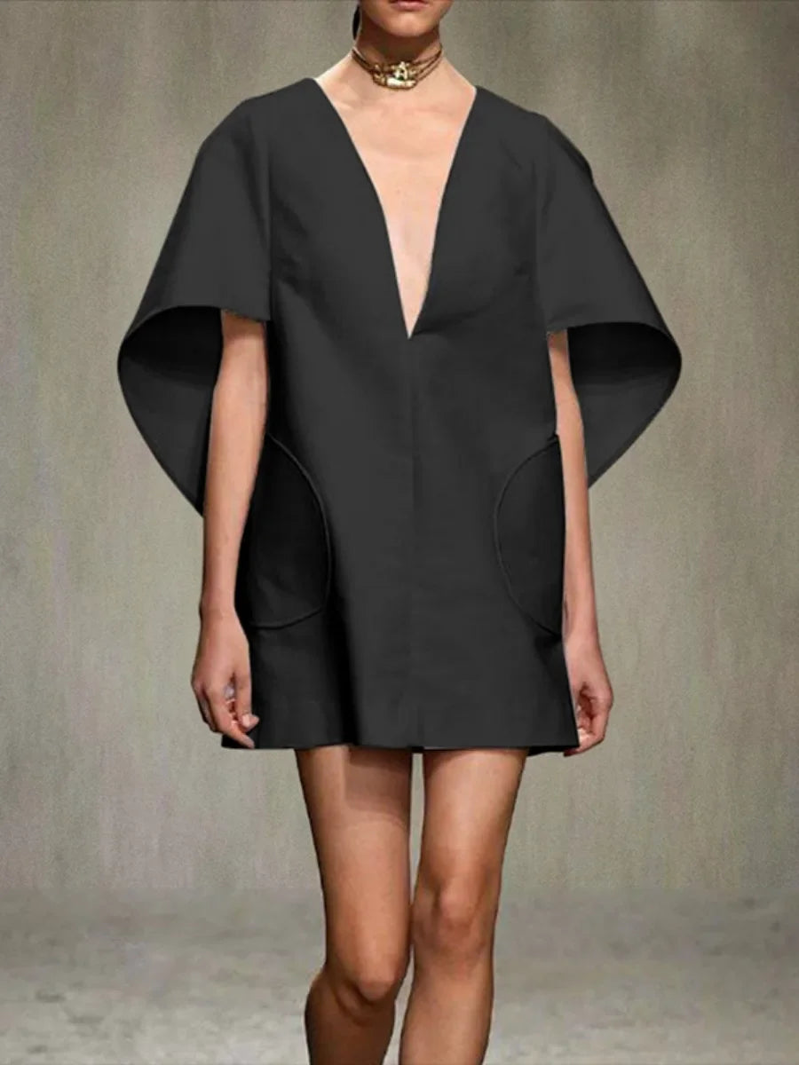 Fashion Black White Color Short Dress For Women 2025 New Spring Deep V-neck Half Sleeves Loose Prom Party Mini Dresses