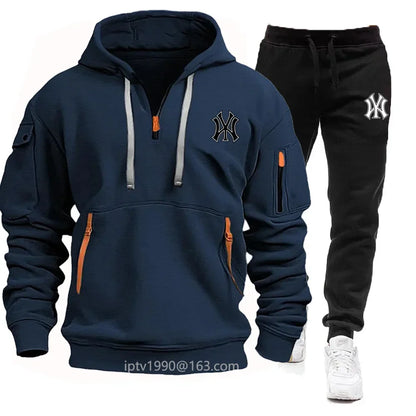 A stylish, casual and fitness two-piece set for men's autumn and winter 2025: zipper hoodie, long-sleeved pullovers and jogging