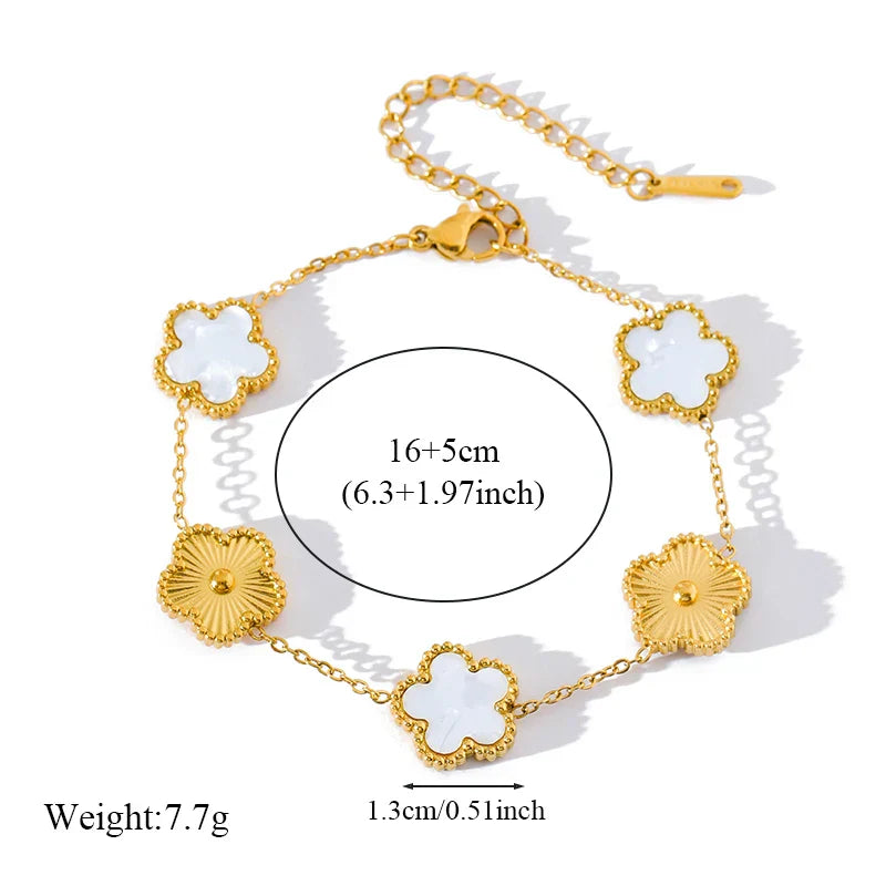 Stainless Steel White Plum Blossom Plant Leaf Flower Set Reversible Necklace Earrings Bracelet Women Clover Jewelry