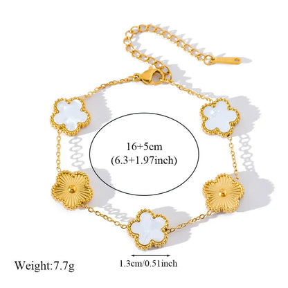 Stainless Steel White Plum Blossom Plant Leaf Flower Set Reversible Necklace Earrings Bracelet Women Clover Jewelry