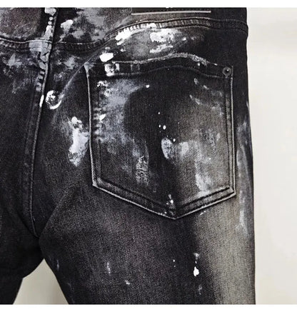 Street fashion men's black gray jeans, high-quality stretch slim fit painted corrugated jeans designer retro hip-hop brand pants