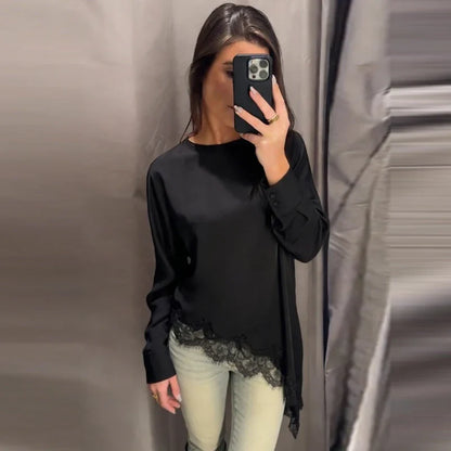 Lace Asymmetric Black Shirts Woman Blouses Spring Autumn 2026 Minimalist Women's O-Neck Long Sleeve Top Korean Style Blouse