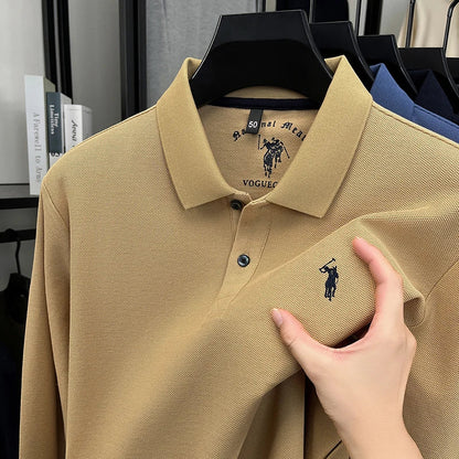 2025 New Cotton Long Sleeved T-shirt for Men, High End Embroidered Little Horse Logo Fashion Autumn/Winter Polo Top