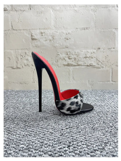 New 12cm fashionable high-heeled patent leather leopard print slippers with sexy open toed sandals, reversed size, 33-46