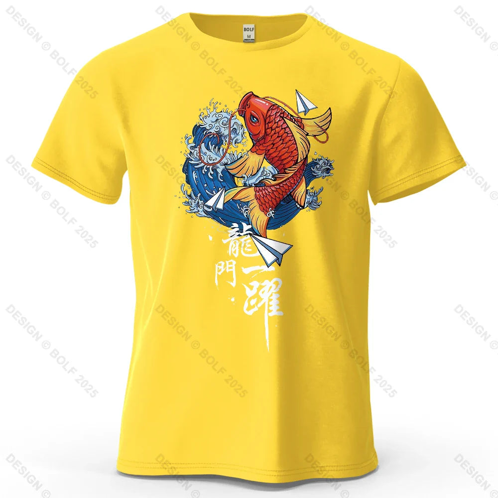 Dragon Gate Leap Printed Men's T-Shirt 100% Cotton Oversized Carp Good Luck Graphic Tees for Women Tops Tees Streetwear