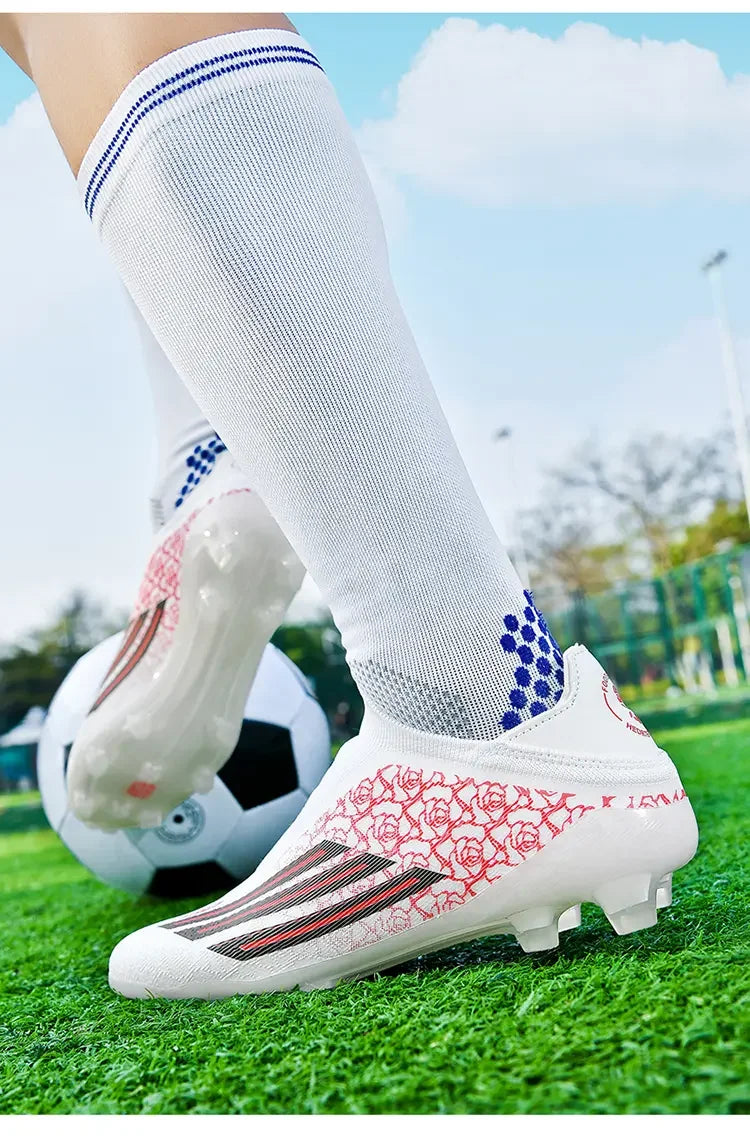 Men High Top Soccer Cleats Firm Ground Stud Sole Breathable Wear Resistant Outdoor Lawn Match Training Football Shoes