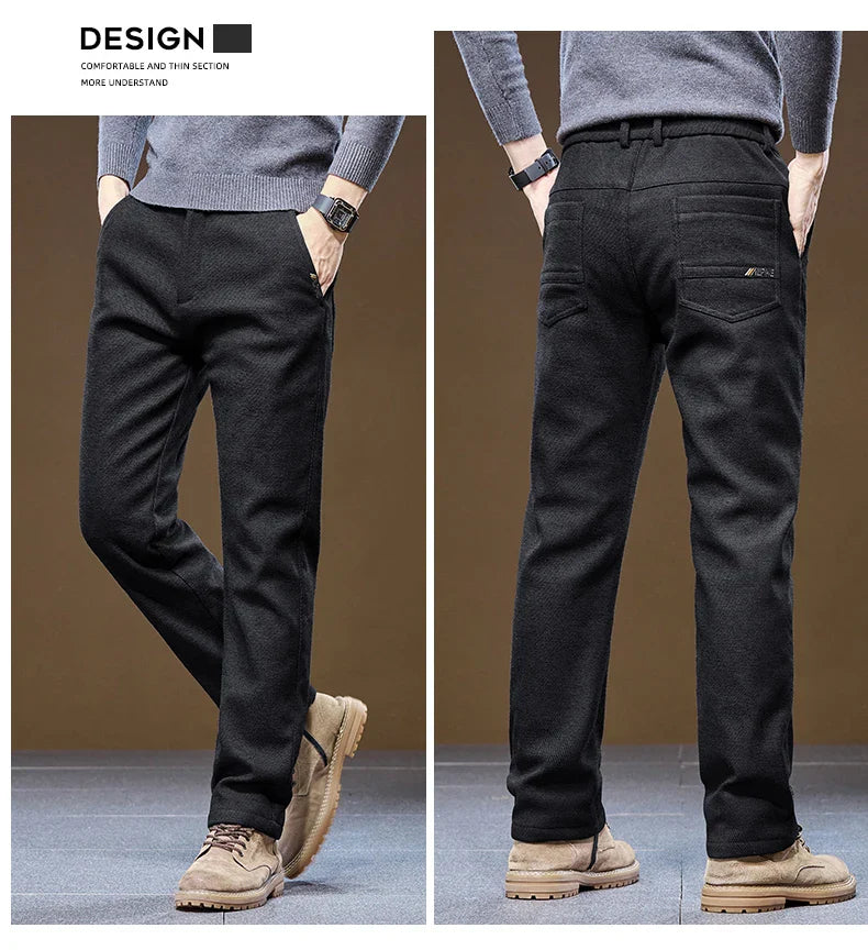 Men's Winter Casual Pants Thick Fleece Warm Elastic Waist Straight Slim Trousers Light Business Comfort Daily Wear Thermal Pants