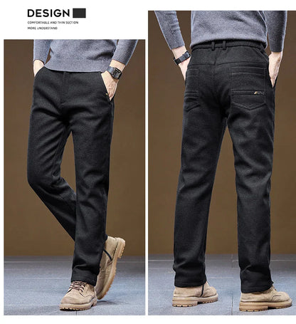 Men's Winter Casual Pants Thick Fleece Warm Elastic Waist Straight Slim Trousers Light Business Comfort Daily Wear Thermal Pants