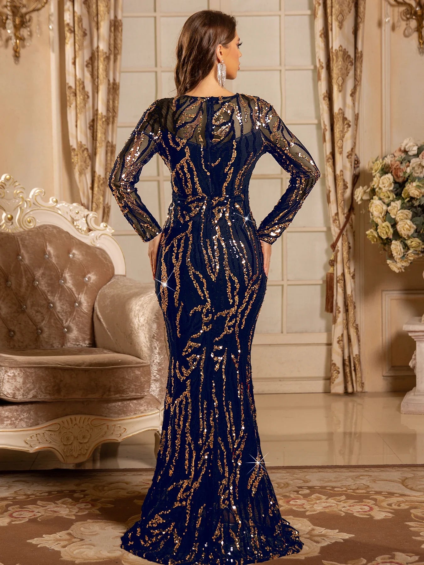 Black Gold Sequined Evening Gown for Women Elegant Full Sleeved Padded Long Prom Dresses Navy Green